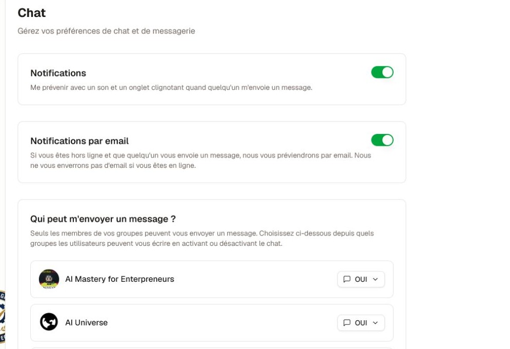 La section Notifications actuelle, onglet Chat, affichant les alertes de messages, les e-mails hors ligne, l'accès à la messagerie et les utilisateurs bloqués.