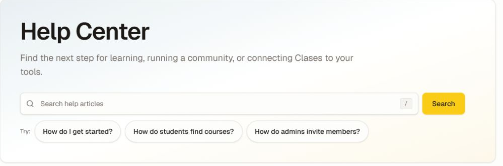 The current Help Center overview with search and role-based starting points.