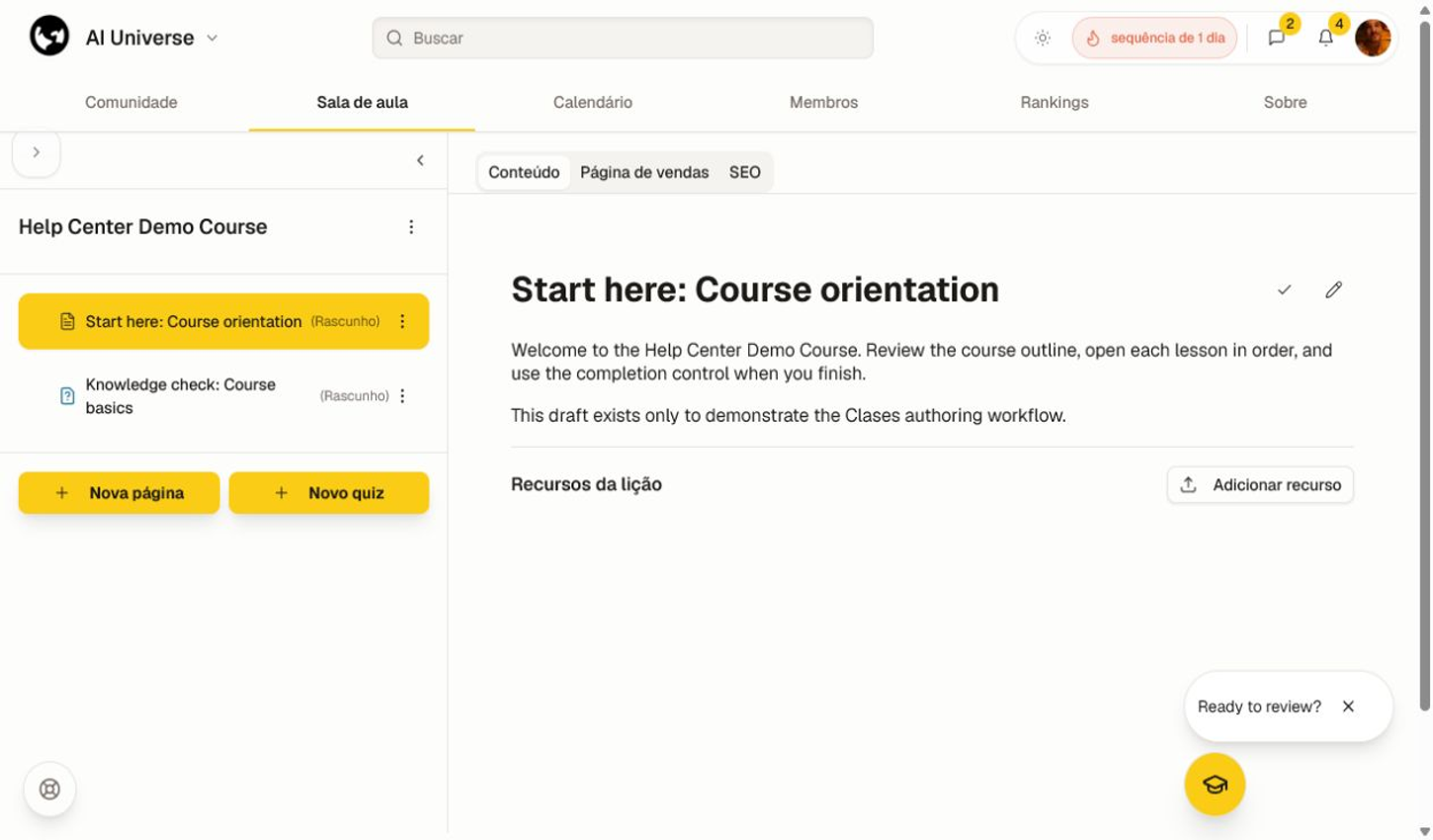 Uma lição em rascunho no editor do curso com conteúdo, recursos, controles Nova página e Novo questionário.