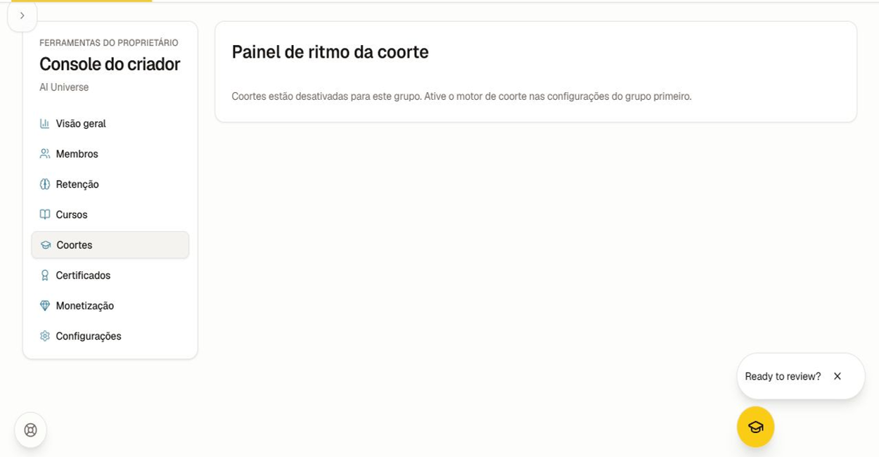 Estado vazio do espaço de trabalho de coortes exibido quando o mecanismo de coortes não está ativado.