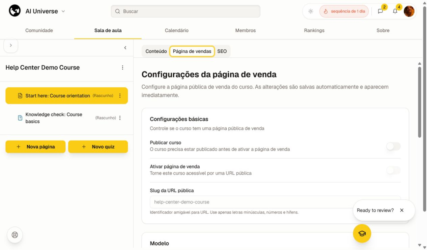 Configurações da Página de Destino com controles de publicar, URL pública, modelo e visibilidade de seções.