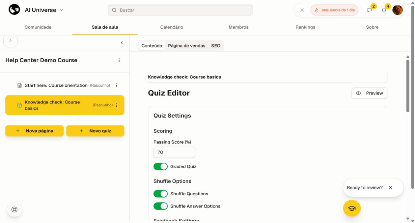 O editor de questionário com uma pergunta, opções de resposta e controles de salvar.