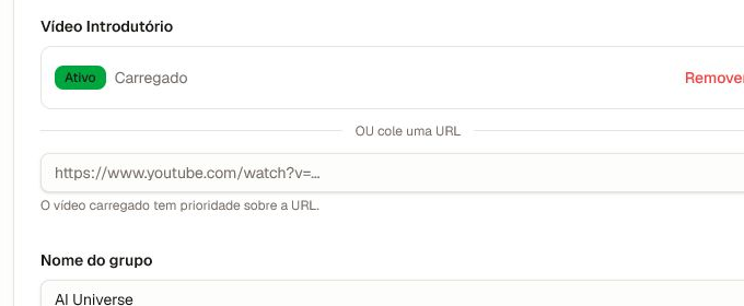 Controles do vídeo introdutório com status de upload e alternativa por URL.