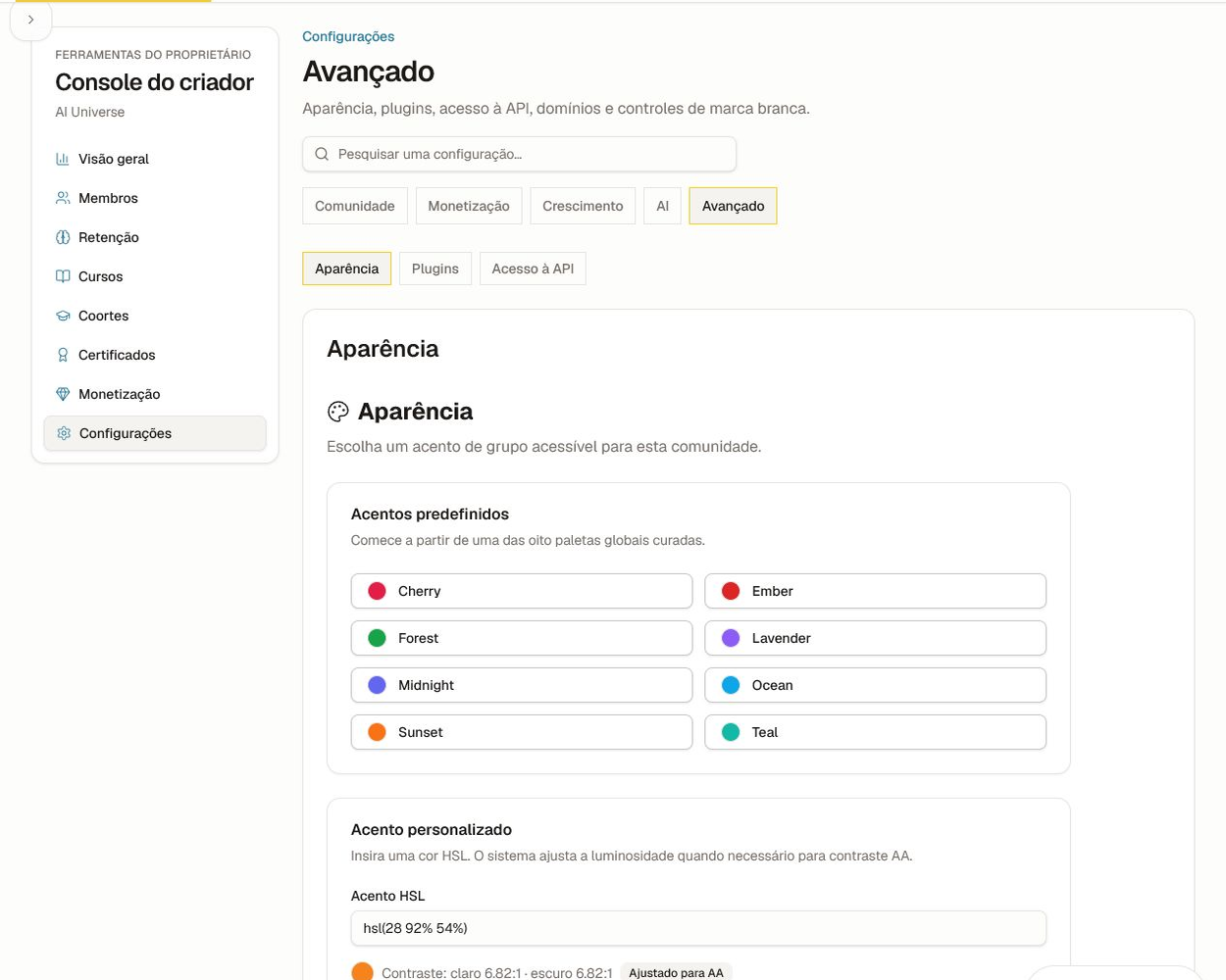 Configurações avançadas de aparência com acentos curados e feedback de contraste.