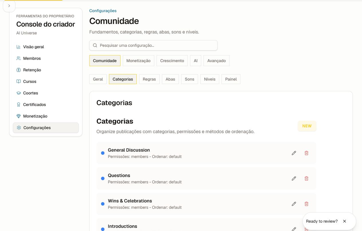 Configurações de categoria com permissões, método de ordenação, editar, excluir e controles de Novo.