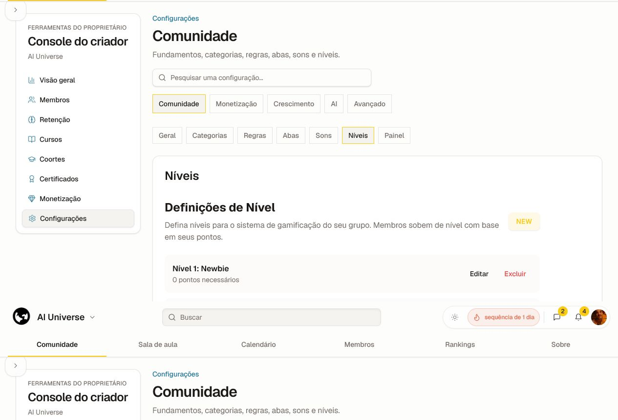 Definições de nível com nomes, limiares de pontos e controles de edição.