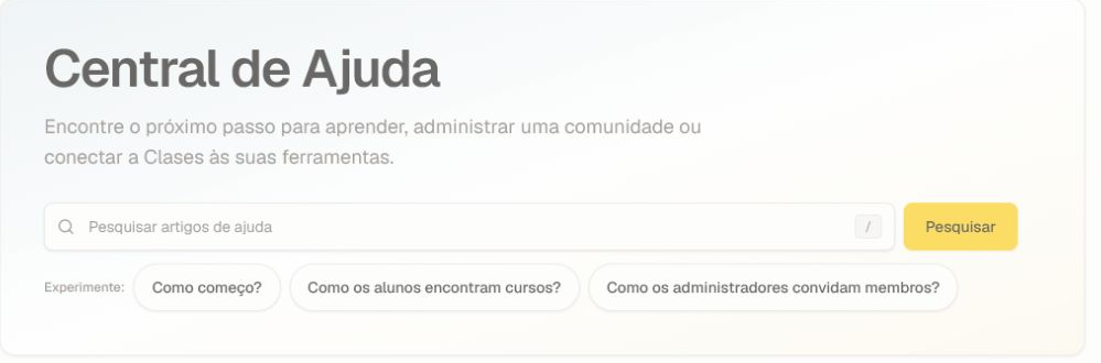 Visão geral atual da Central de ajuda com busca e pontos de partida por função.