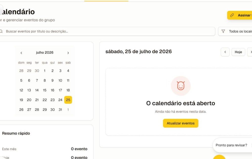 O calendário atual da comunidade com pesquisa, filtros de localização, navegação por mês e a ação de assinatura.