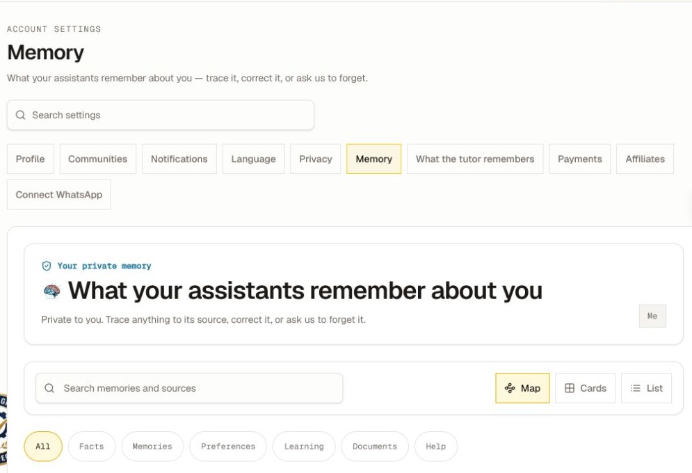 The current private Memory section with search, Map, Cards, List, and memory-type filters, cropped before any memory detail.