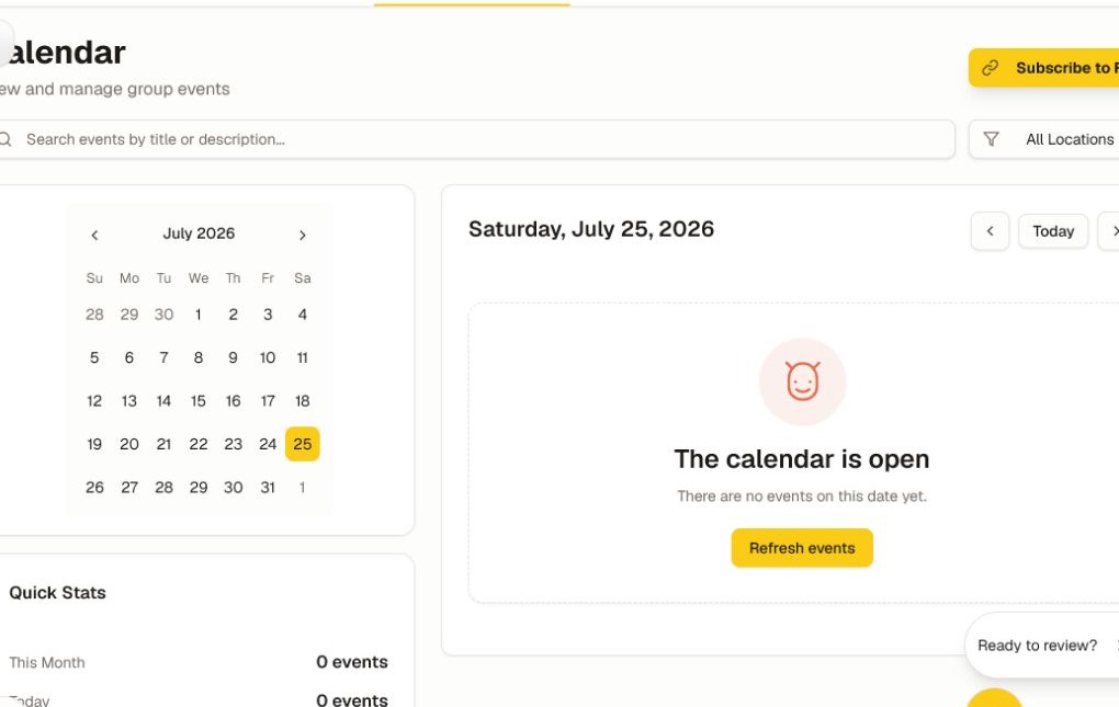 The current community calendar with search, location filters, month navigation, and the subscription action.