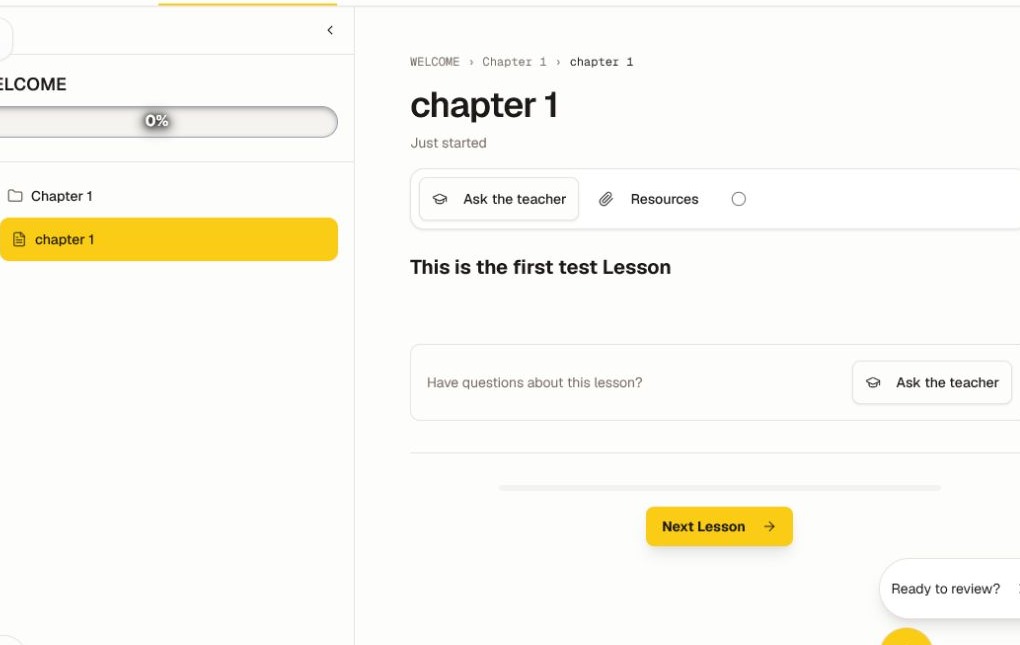 A current course lesson with its outline, content, teacher help, resources, completion control, and next-lesson action.