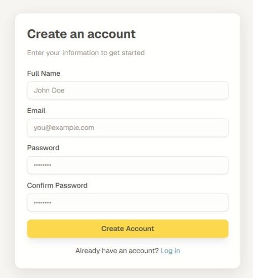 The current account-creation form with name, email, password, confirmation, and Create Account controls.