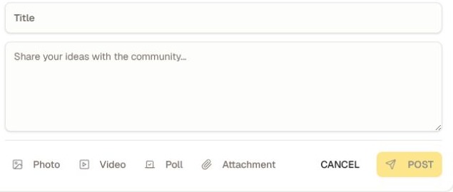 The current post composer cropped to its title, message, media, poll, attachment, and publish controls.
