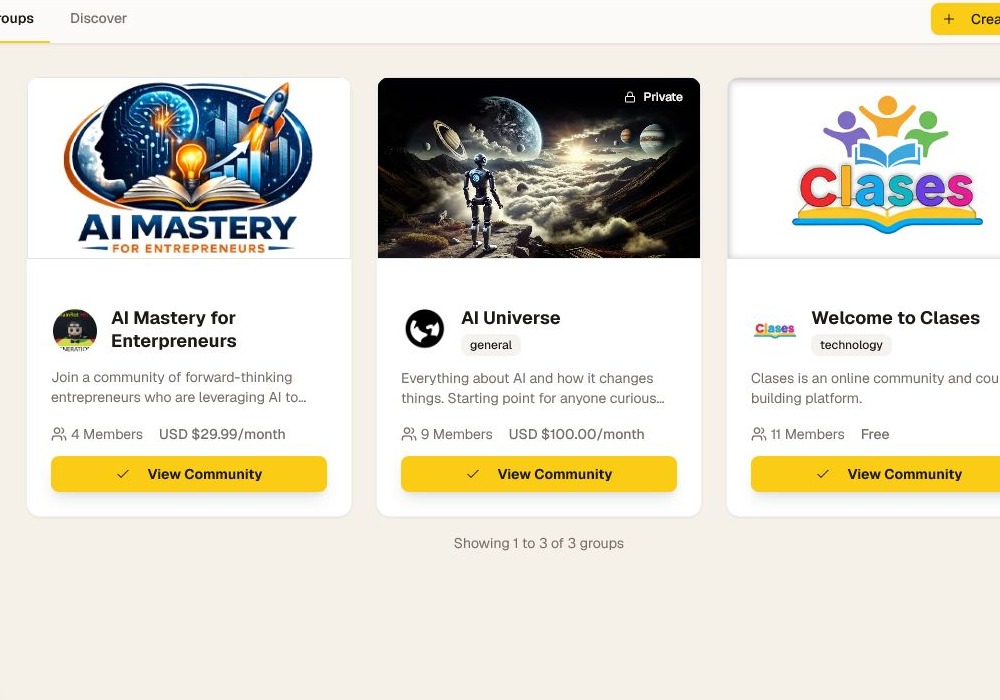 The current My Groups dashboard with membership cards and View Community actions.
