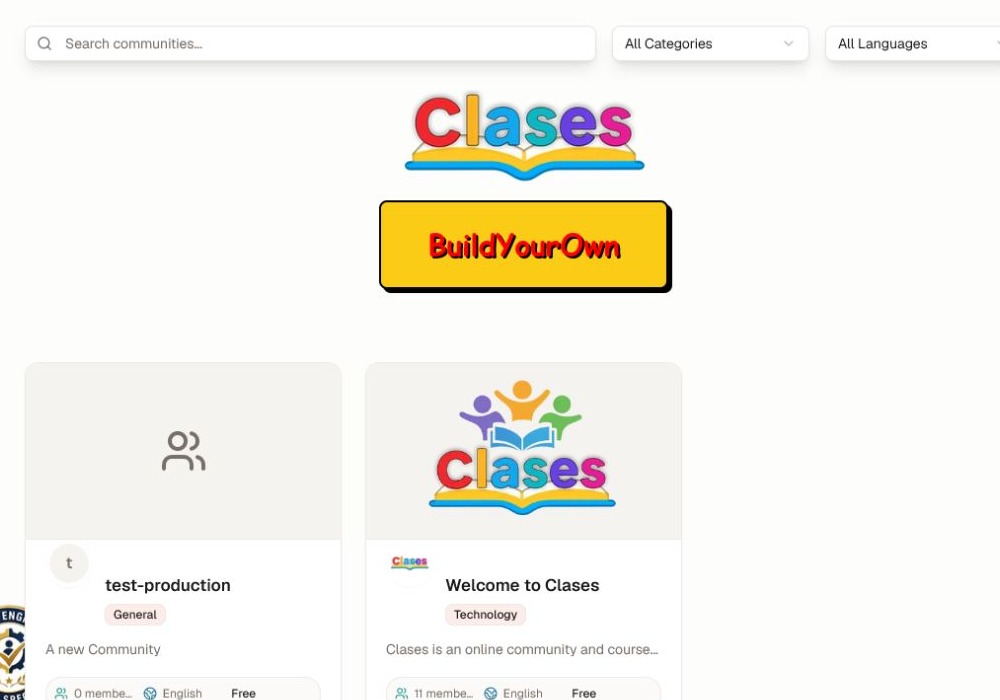 The current community discovery page with search, category, and language filters.