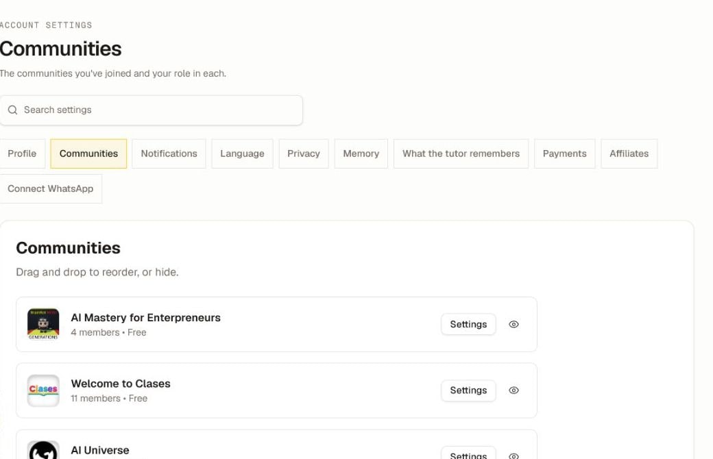 The current Communities settings page with membership cards, role and access context, reordering guidance, visibility controls, and per-community settings.