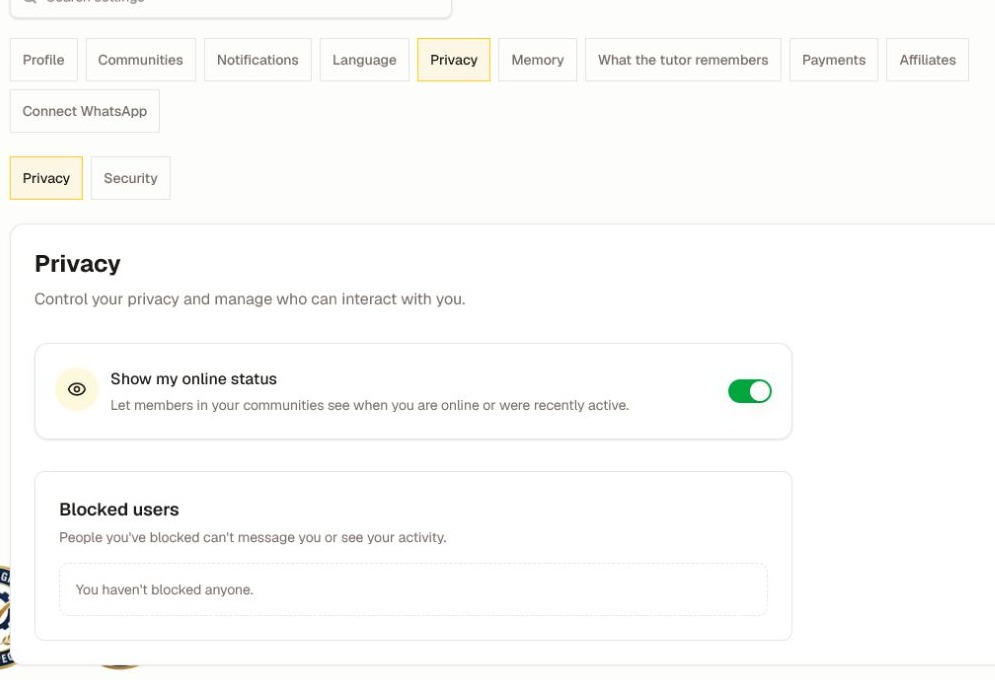 The current Privacy tab with online-status and blocked-user controls.