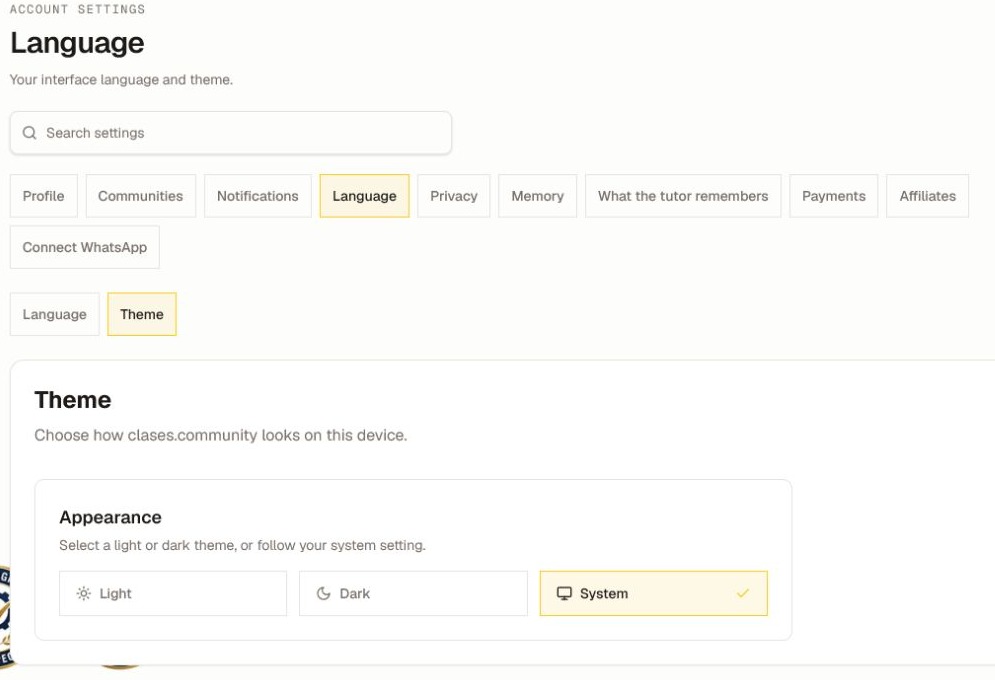 The current Language section with the Theme tab and Light, Dark, and System options.