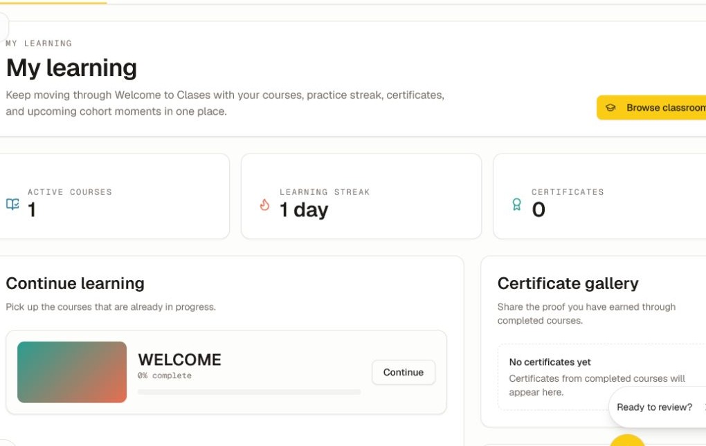 The current My Learning dashboard with active courses, streak, certificate count, continue-learning card, gallery, and upcoming work.