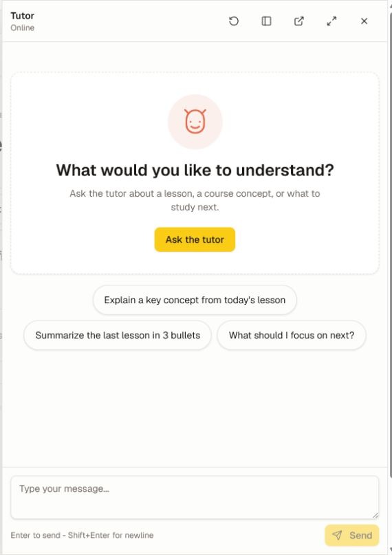 The current lesson tutor with layout controls, suggested questions, message box, and send action.